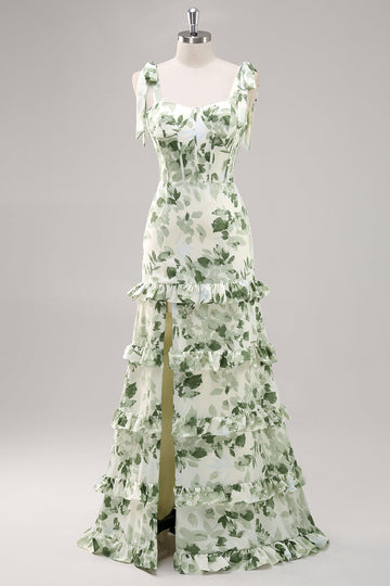 Flor verde Una línea Cuello cuadrado Vestido largo de dama de honor con volantes con abertura